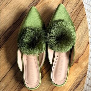 Green Pom-Pom Satin Mules - Divaline